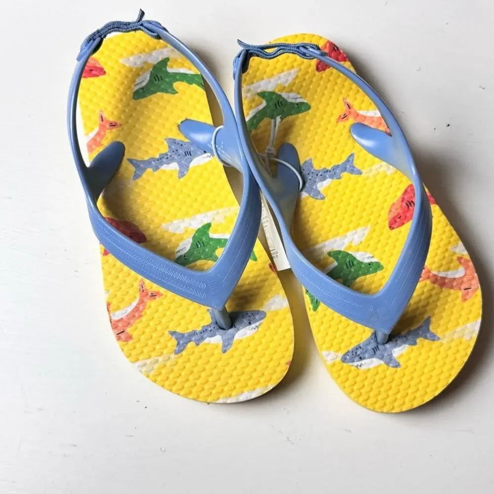 Kids Flip Flops with Shark Print - Blue and Yellow